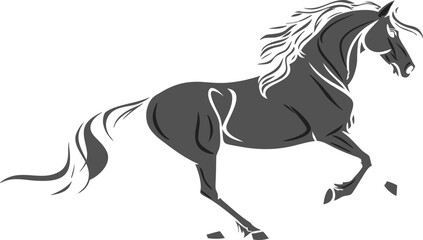 Silhouette of a galloping horse with flowing mane and tail, dynamic pose in dark grey on a white background © Template store 