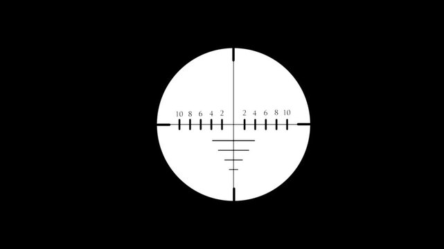 Sniper scope reticle animation for target aiming and alignment. Cross hair sight indicator with distance and scale markings. Precision aiming display element for weapon and optics systems