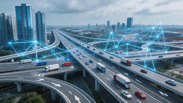 Smart city highway traffic with digital network connections, logistics transportation system, autonomous vehicles concept, urban infrastructure, future mobility, connected cars