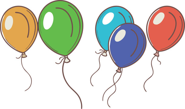 Set of colorful balloons in orange, green, blue, and red with curly strings isolated on a plain white background, for festive decoration
