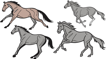 Set of four running horses in various grey and brown shades with muscular bodies and flowing manes illustrated in a dynamic action style © Template store 