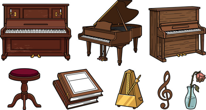 Vintage Piano Musical Instrument Vector Icon Set Featuring Classical Grand Piano Upright Spinet Pianos Wooden Metronome Stool and Treble Clef Elements
