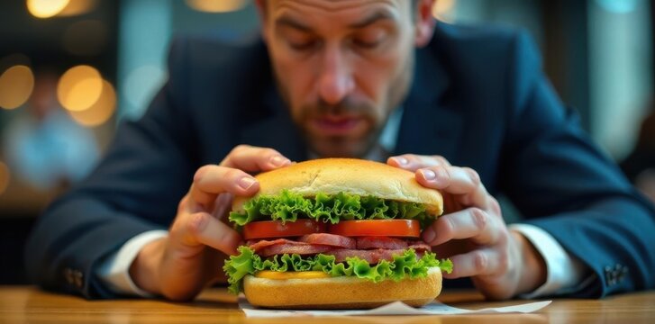 Busy executive rapidly consuming a large sandwich , job, office, energy