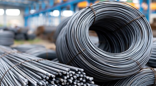 Metal rebar rods and steel wire coils in industrial warehouse