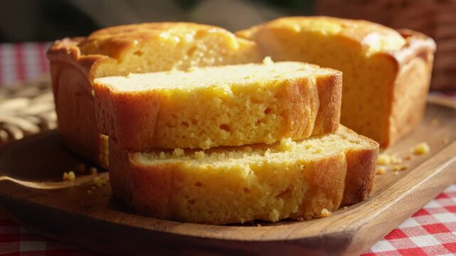 Slices of freshly baked golden pound cake on a rustic wooden board with a red and white checkered tablecloth background