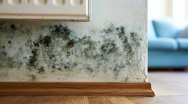 Black mold growth on white wall under radiator in living room