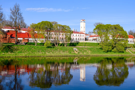 Cozy promenade on Sovetskaya Embankment in Pskov on a summer day, Pskov region of Russia
