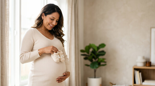 Pregnant woman holding baby booties by window at home