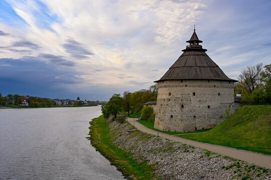 Pokrovskaya Tower near the walls of the Outer Town in Pskov, Pskov region of Russia