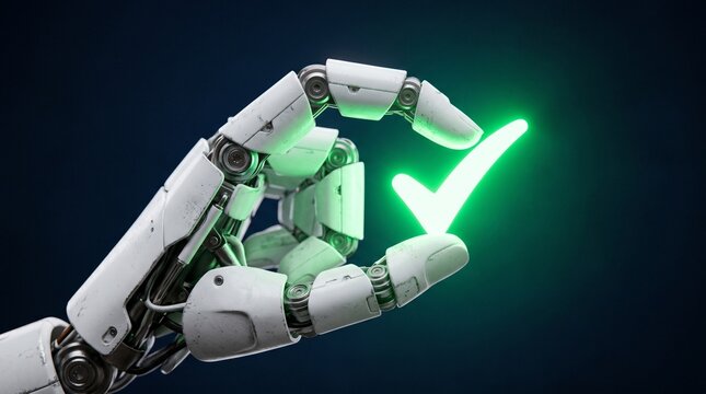 Futuristic White Robot Hand Holding a Luminous Green Check mark Symbol Representing Artificial Intelligence Validation and Success