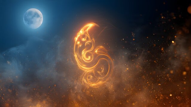 Abstract Lord Ganesha glowing fire silhouette in night sky with moon for Sankashti Chaturthi ritual