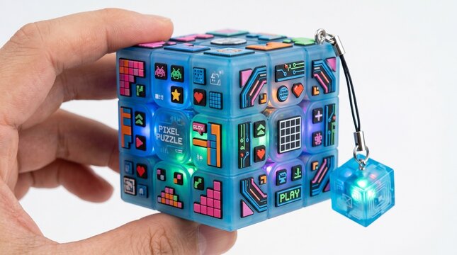 Pixel puzzle cube features glowing LED lights and retro gaming graphics held by a human hand.