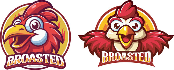 Naklejka premium Professional mascot designs of stylized chicken heads inside circles for fast food business identity.