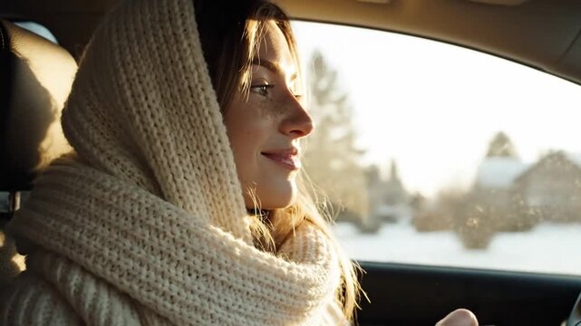 Caucasian Woman Applying Lipstick In Car During Winter Golden Hour, Thick Knit Scarf Wrapped Around Head, Soft Sunlight On Freckled Face, Closeup Profile, Paused At Roadside, Serene Expression,