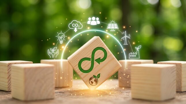 Wooden block with circular economy symbol displaying renewable energy and carbon reduction icons in a natural forest background for global sustainability