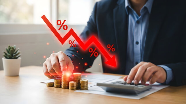 Businessman calculates falling interest rates with stacks of coins and red descending percentage arrow on financial document in a professional office setting