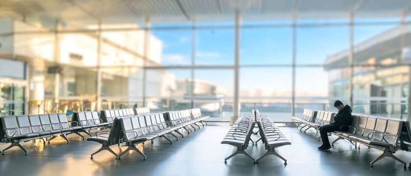 People wait in a spacious airport terminal with large windows showing the outside view during daytime