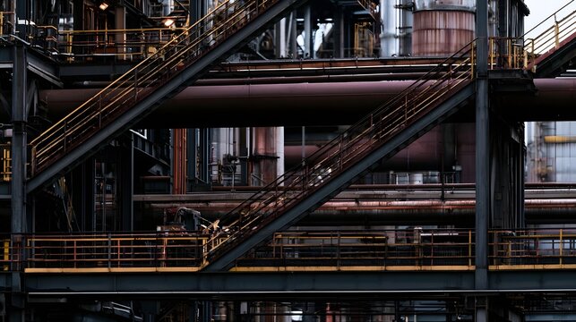 A dramatic three quarter view of an industrial walkway highlighting flowing geometric patterns and rustic textures in earthy tones