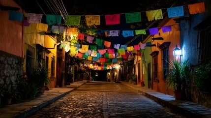 Fototapeta premium A radiant city street is beautifully adorned with vibrant colorful banners set against a dramatic night backdrop