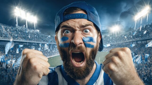 Intense sports supporter wearing blue face paint and a backward cap raises his fists while cheering inside a crowded stadium.
