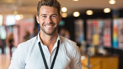 Fototapeta premium Confident smiling business professional wearing a lanyard poses inside a modern conference, exhibition, or corporate networking venue.