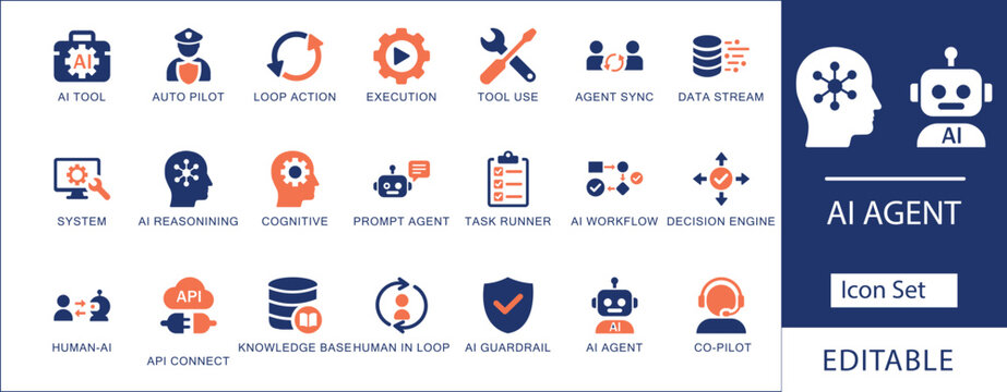 AI Agent Flat Dual-Tone Vector Icon Set. Innovative Two-Color Icons for Autonomous System, AI Workflow, Task Runner, and Knowledge Base.