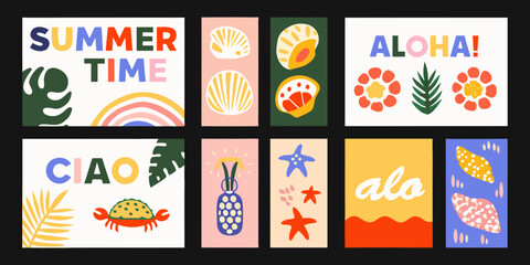 Tropical floral ornament collection with summer greetings vibrant vector illustrations on black background vacation beach © Bijoy