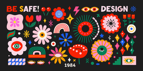 Fototapeta premium Retro Floral Ornament Collection A Colorful Vector Illustration With 1980s Design Elements 1984 abstract arrangement