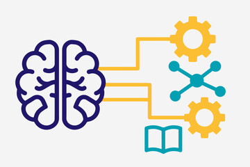 Obraz premium Abstract illustration showing a stylized human brain connected to golden mechanical gears and a teal network node with an open book icon representing intelligence learning processing and complex cogni