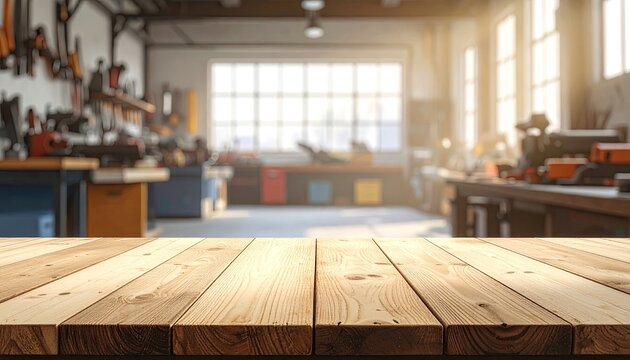 Rustic Wooden Table Surface in a Brightly Lit Workshop Interior.