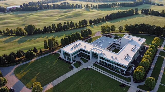 Aerial Drone View Corporate Campus Building At Sunset, Modern Sustainable Office Complex With Rooftop Solar Panels, Landscaped Courtyard And Treelined Pathways, Manicured Lawn And Winding Driveway,