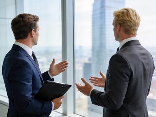 Fototapeta premium Two businessmen in suits having discussion by window with city view, professional conversation and corporate partnership in modern office setting