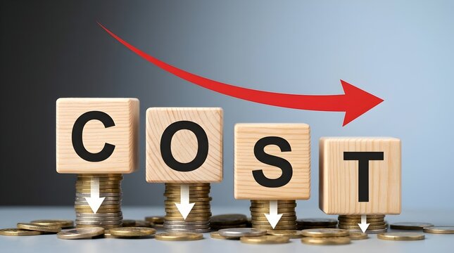 Wooden blocks spelling cost sitting on stacks of coins with a downward red arrow showing financial reduction against a simple soft blue background