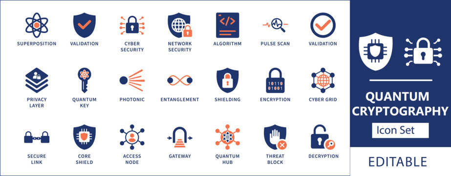 Quantum Cryptography Flat Dual-Tone Vector Icon Set. Innovative Two-Color Icons for Cyber Security, Quantum Key, Network Security, and Data Encryption.