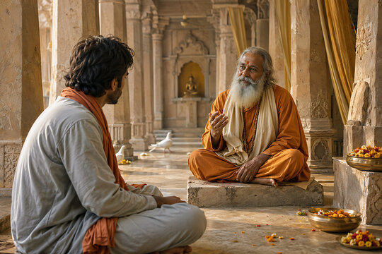 Guru purnima spiritual lesson between guru and disciple inside ancient temple for hindu relegious festival wisdom guidance and peaceful devotion