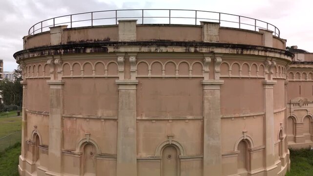 Waverley Reservoir is an ornately decorated early twentieth century water tank in eastern suburbs of Sydney, Australia near Bondi Beach. Camera orbits building in CCW direction.