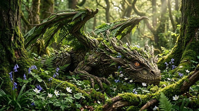 Beautiful dragon made of moss and wood resting in enchanted forest