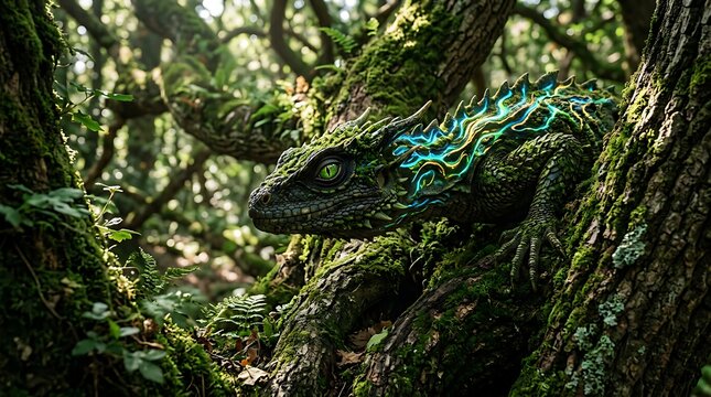 Beautiful dragon with glowing patterns on mossy forest tree branch