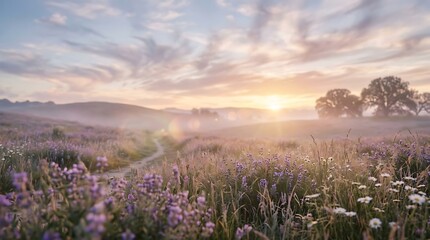 Obraz premium Golden hour meadow wildflowers and path in rolling hills at sunrise