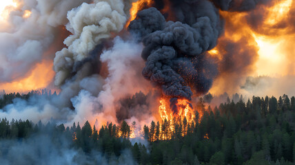 Fototapeta premium Wildfire, forest fire, smoke and flames, burning trees, natural disaster