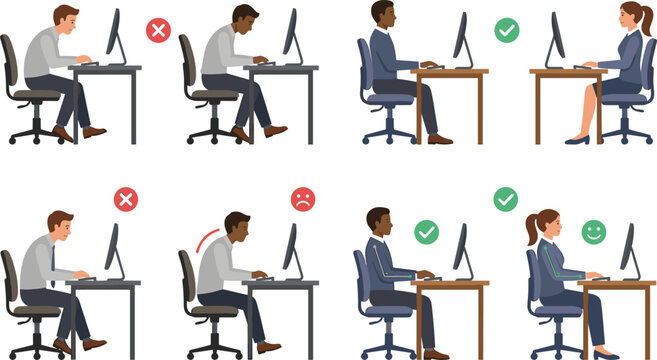 Ergonomics Sitting Posture Vector Set Showing Correct and Incorrect Office Chair Positions For Computer Desk Workstations