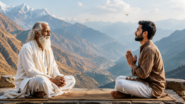 Wise guru and devoted disciple meditating on mountain terrace for guru purnima hindu relegious festival peaceful prayer tradition and spiritual guidance journey