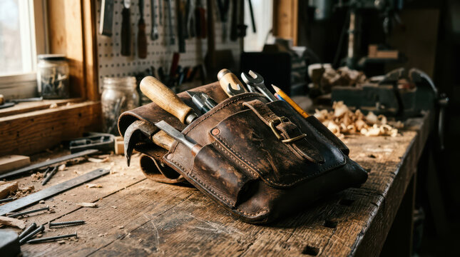 A leather tool bag with various tools on a wooden workbench indoors.