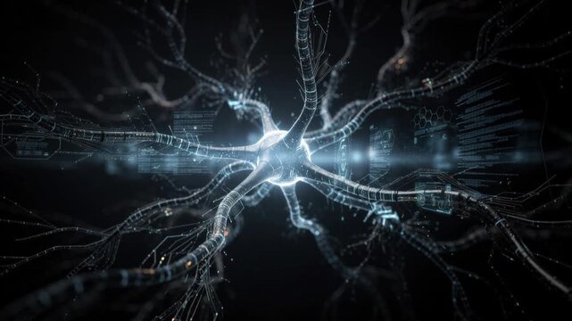 Futuristic digital neuron network with glowing synapses and data visualization in dark space