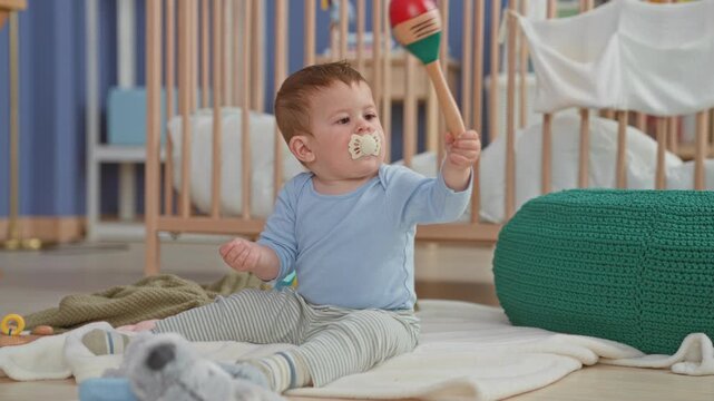 Toddler boy shakes wooden maraca while seated on playmat by crib in building with knitted pouf nearby; curious playtime discovery.
