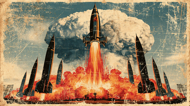 Missile Launch in Nuclear Blast: A retro-style illustration depicts multiple rockets launching simultaneously, with a massive nuclear mushroom cloud rising in the background.