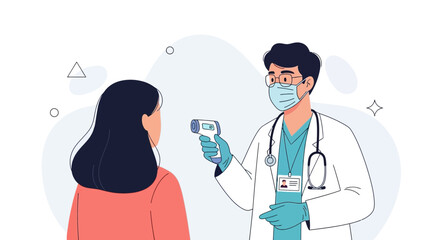 Fototapeta premium Doctor measuring patient's temperature with infrared thermometer, concept of healthcare, diagnosis, and pandemic safety measures