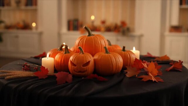 Halloween pumpkin candle autumn leaf table decoration cozy jack o decor spooky celebration cozy home fall leaf orange gourd still life indoor celebration cozy warm orange glow