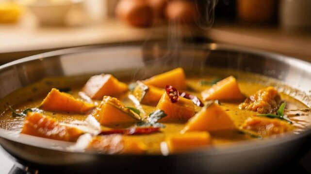 Delicious steaming pumpkin curry with fresh herbs and chili in a rustic bowl