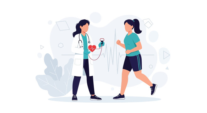 Doctor monitoring athlete's heart health during exercise, illustrating healthy lifestyle and medical check-up